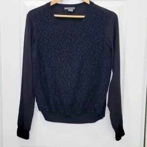 VINCE Black Lace Overlay Long Sleeves Pullover Crew Neck Blouse S